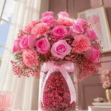 12 Pink Roses & 5 Carnations Cylindrical Glass Jar