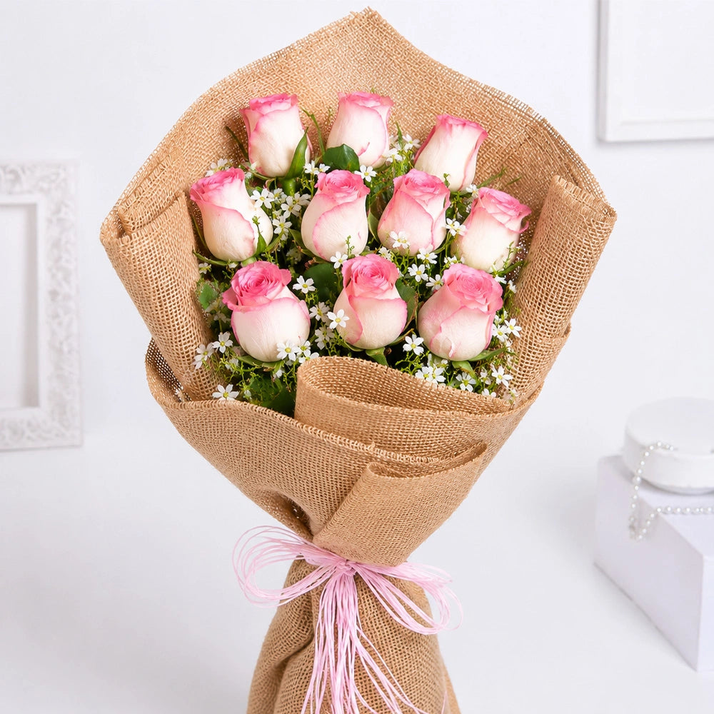 10 Pink Roses Rustic Jute Bouquet