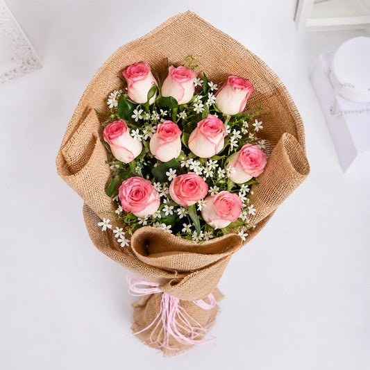10 Pink Roses Rustic Jute Bouquet - Romantic Birthday & Anniversary Gift