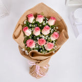 10 Pink Roses Rustic Jute Bouquet