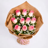 10 Pink Roses Rustic Jute Bouquet