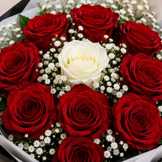 9 Red & 1 White Rose Black & White Wrap Bouquet - Anniversary & Birthday Gift