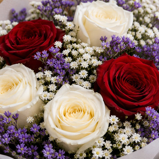 3 Red & 3 White Roses Mixed Bouquet with Limonium - Birthday & Anniversary Gift