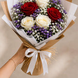 3 Red & 3 White Roses Mixed Bouquet with Limonium
