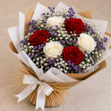 3 Red & 3 White Roses Mixed Bouquet with Limonium