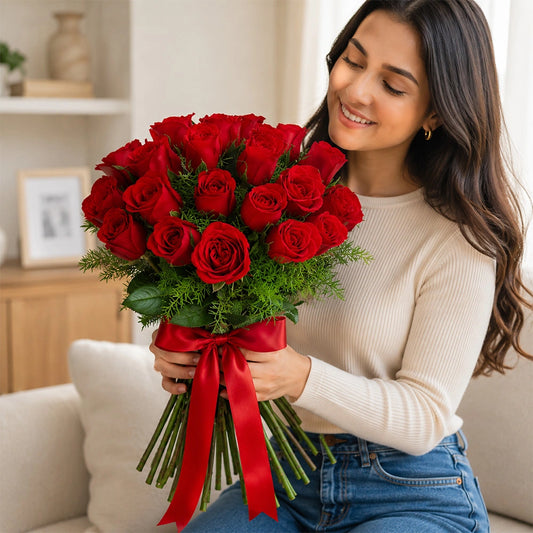 20 Red Roses Hand-Tied Bouquet - Classic Anniversary & Valentine's Day Gift