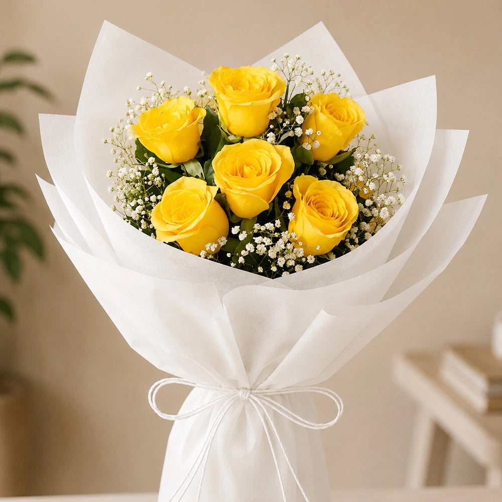6 Yellow Roses Sunshine Bouquet - Fresh Friendship Day & Birthday Flower Gift