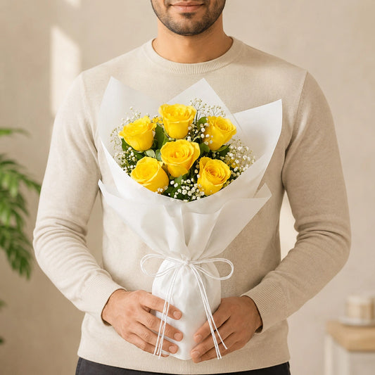6 Yellow Roses Sunshine Bouquet - Fresh Friendship Day & Birthday Flower Gift