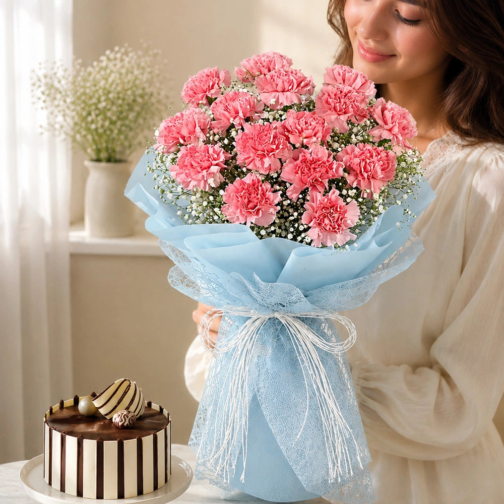 Pink Carnation Bouquet & Truffle Cake Combo - Birthday & Anniversary Gift Set