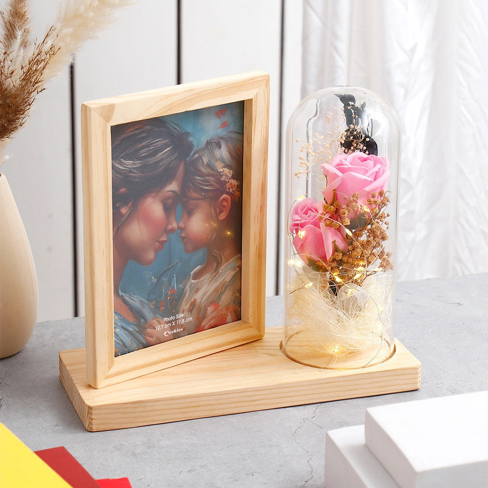 Wooden Photo Frame with LED Rose Glass Dome