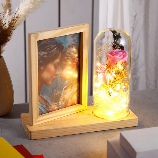 Wooden Photo Frame with LED Rose Glass Dome