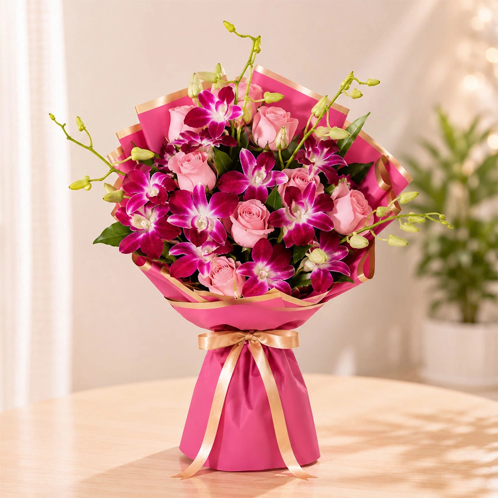 Purple Orchid & Pink Rose Symphony Bouquet - Birthday & Anniversary Flower Gift
