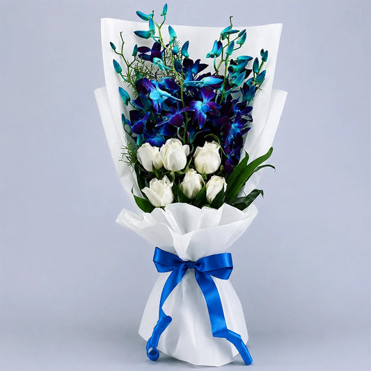6 Blue Orchids & 6 White Roses Cascade Bouquet - Premium Anniversary Gift