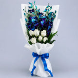 6 Blue Orchids & 6 White Roses Cascade Bouquet - Premium Anniversary Gift