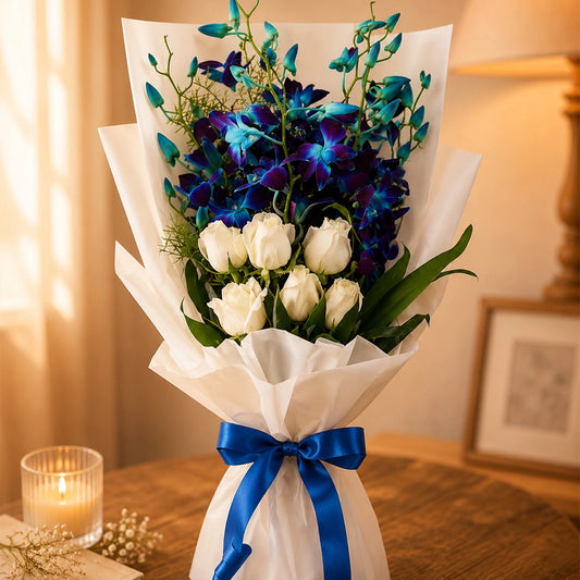 6 Blue Orchids & 6 White Roses Cascade Bouquet - Premium Anniversary Gift