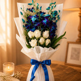 6 Blue Orchids & 6 White Roses Cascade Bouquet - Premium Anniversary Gift