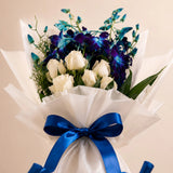 6 Blue Orchids & 6 White Roses Cascade Bouquet - Premium Anniversary Gift