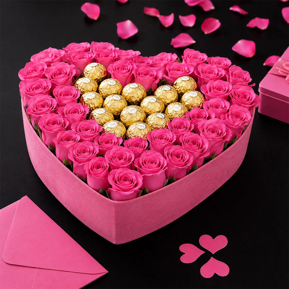 46 Pink Roses & Ferrero Rocher Heart Arrangement - Luxury Valentine's Day Gift