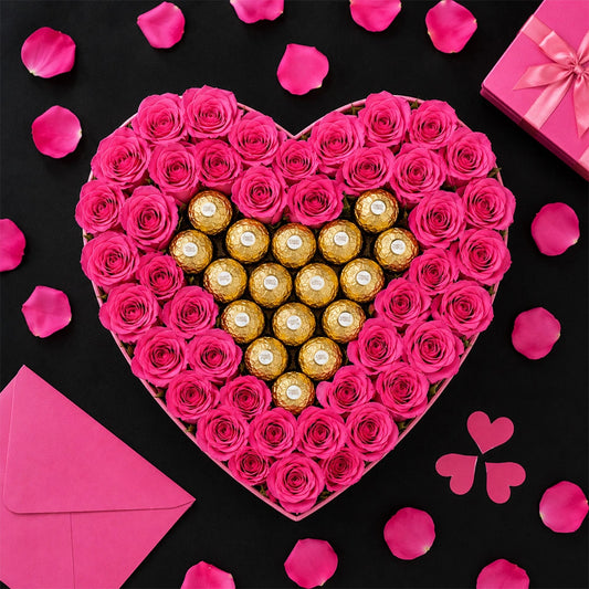 46 Pink Roses & Ferrero Rocher Heart Arrangement - Luxury Valentine's Day Gift