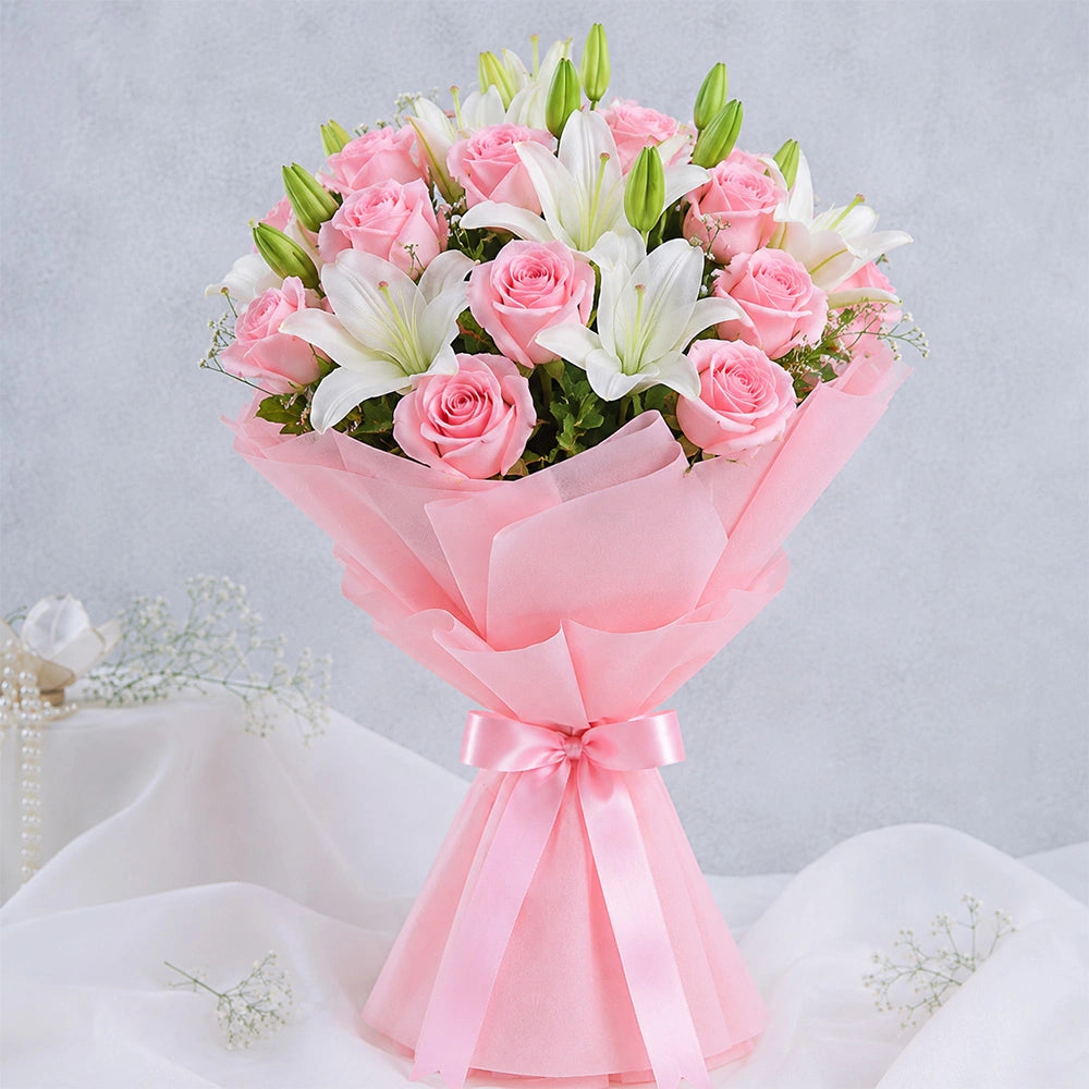 6 White Lilies & 10 Pink Roses Mixed Bouquet - Anniversary & Mother's Day Gift