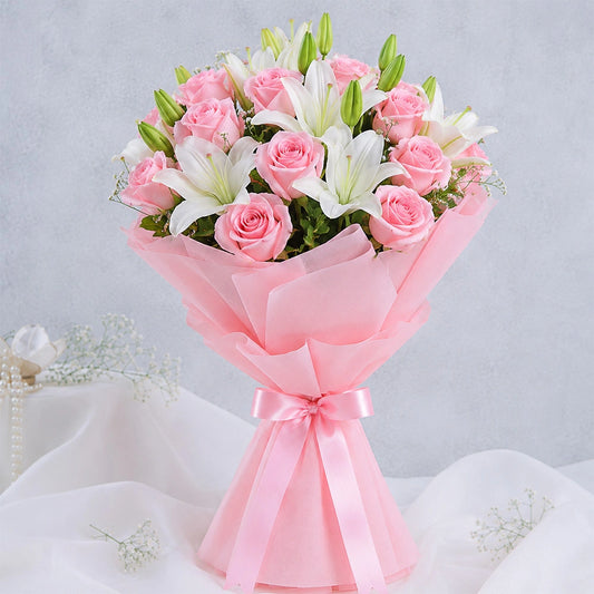 6 White Lilies & 10 Pink Roses Mixed Bouquet - Anniversary & Mother's Day Gift