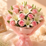 6 White Lilies & 10 Pink Roses Mixed Bouquet - Anniversary & Mother's Day Gift