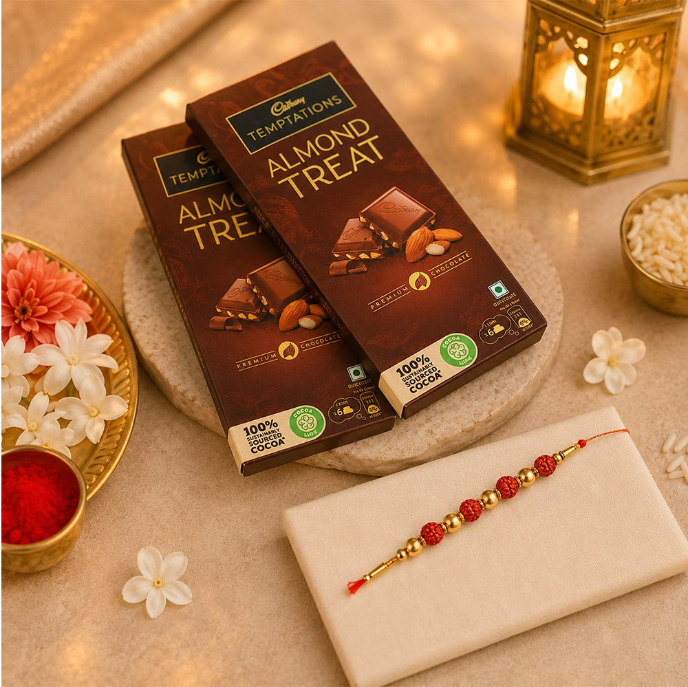 Rudraksha Rakhi with Cadbury Temptations Almond Chocolates | Divine Rakhi Combo