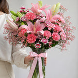 Pink Lily & Carnation Purple Vase Arrangement - Birthday & Anniversary Flower Gift