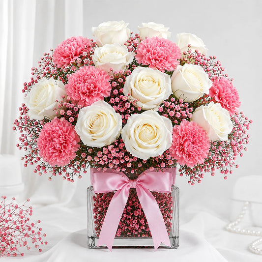 White Roses & Carnations Seasonal Glass Vase - Fresh Anniversary & Birthday Gift