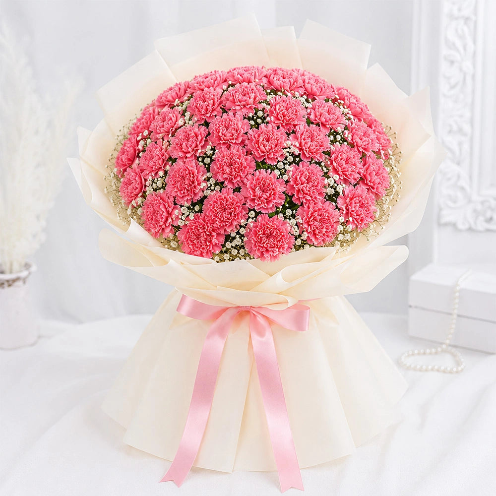 50 Baby Pink Carnations Grand Bouquet - Luxurious Birthday & Anniversary Gift