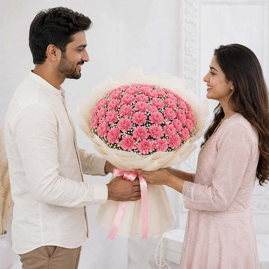 50 Baby Pink Carnations Grand Bouquet - Luxurious Birthday & Anniversary Gift