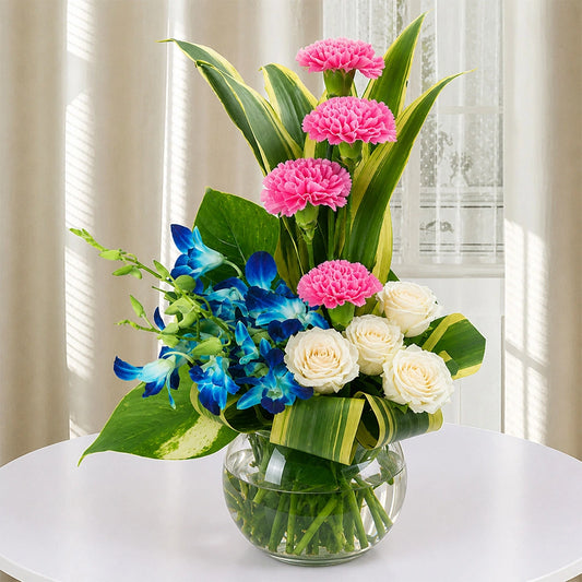 Orchid, Rose & Carnation Round Glass Vase - Fresh Birthday & Anniversary Gift
