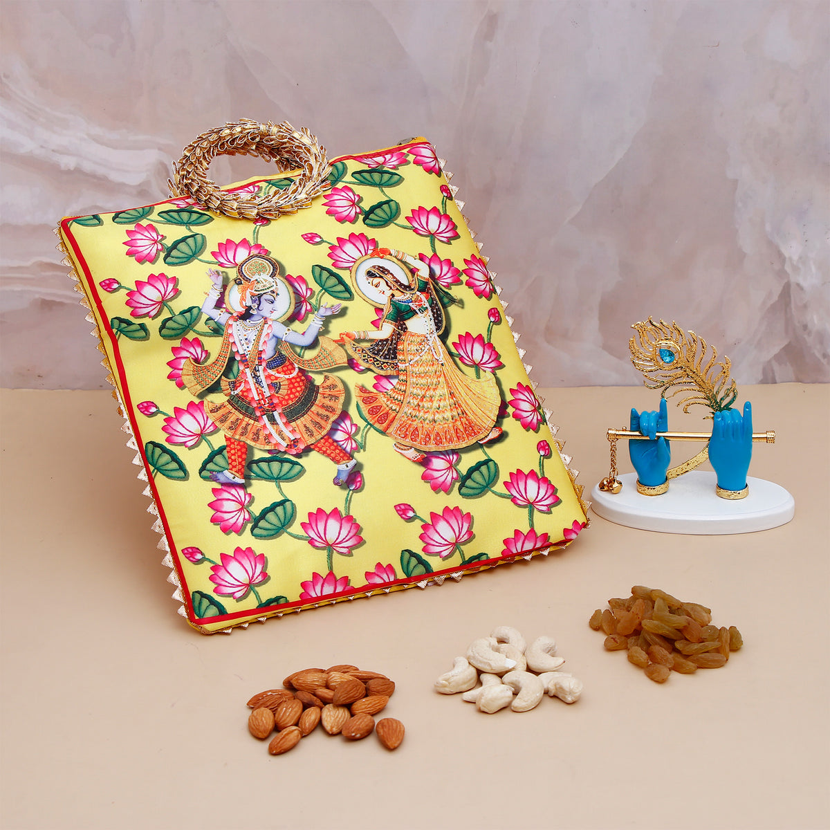 Krishna Divine Hands with Bansuri - Blue with Ethnic Handcrafted Bag with Dry Fruits