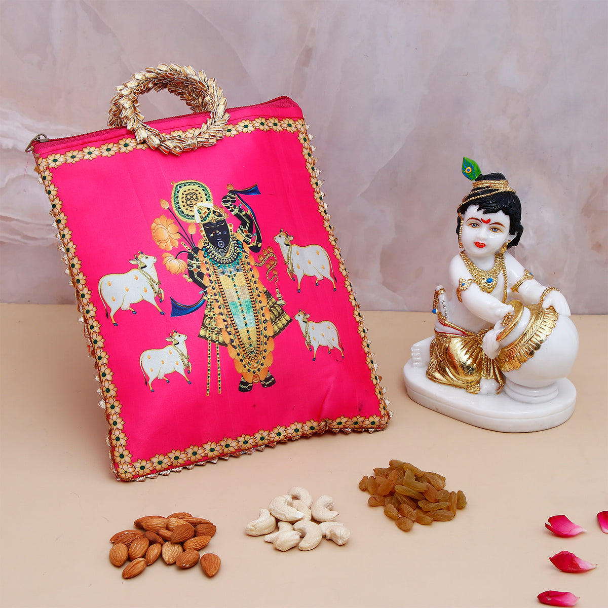 Krishna Makhan Chor Idol with Ethnic Handcrafted Bag with Dry Fruits