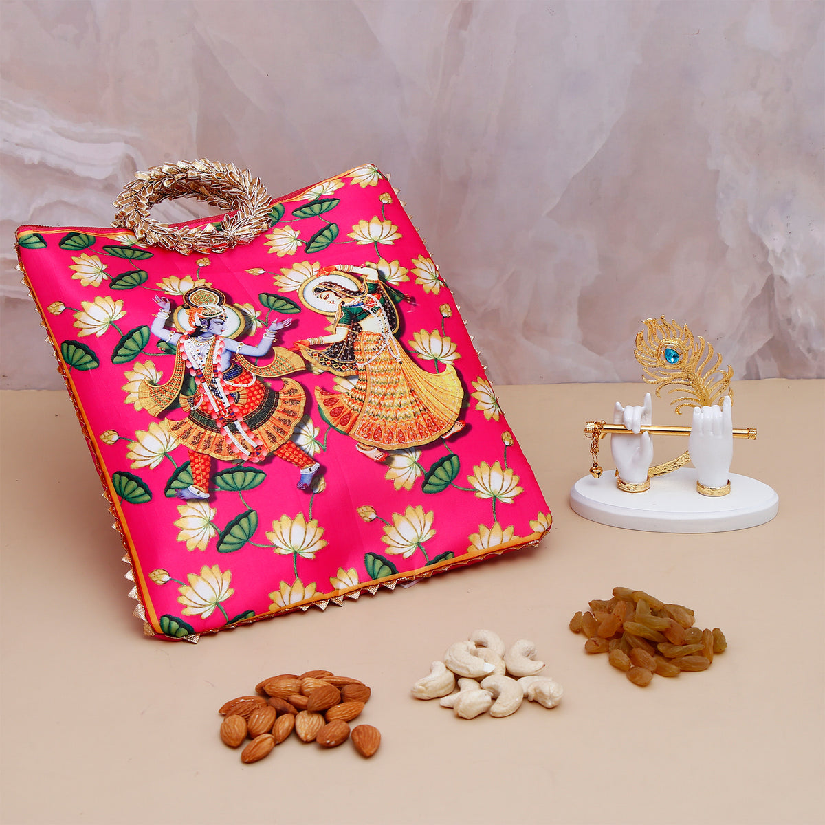Krishna Divine Hands with Bansuri - White with Ethnic Handcrafted Bag with Dry Fruits