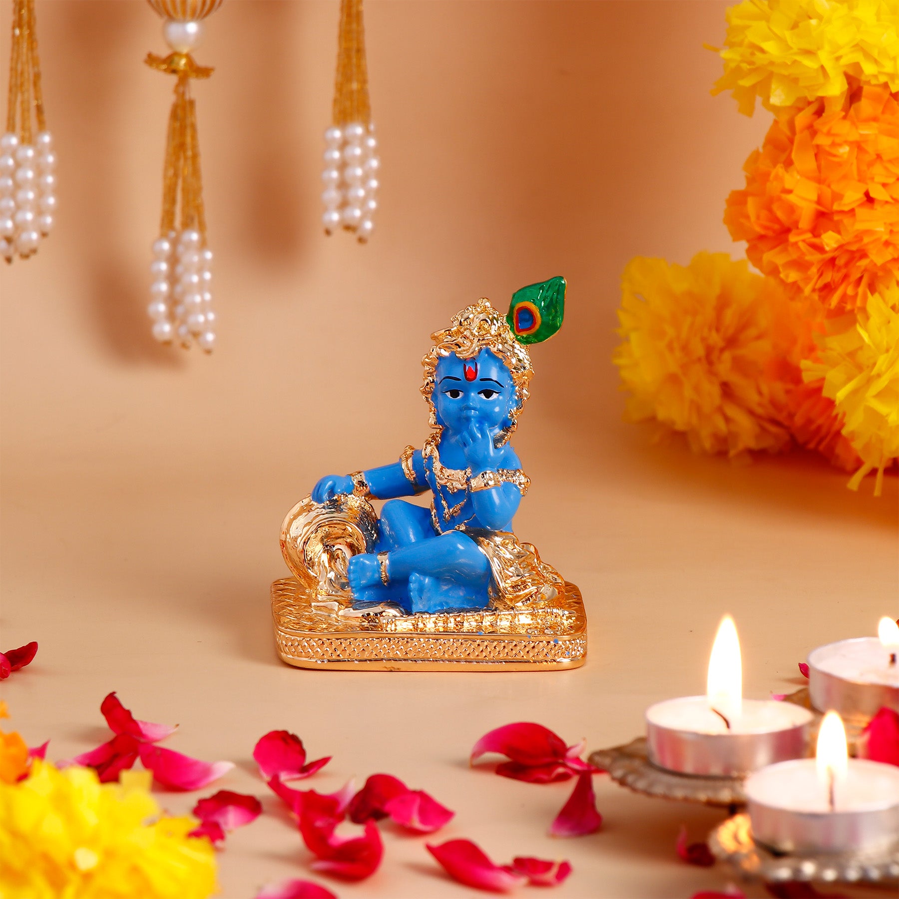 Mini Idol Makhan Chor Krishna Idol with Ethnic Handcrafted Bag with Chocolates