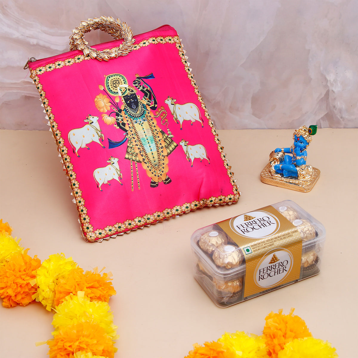 Mini Idol Makhan Chor Krishna Idol with Ethnic Handcrafted Bag with Chocolates