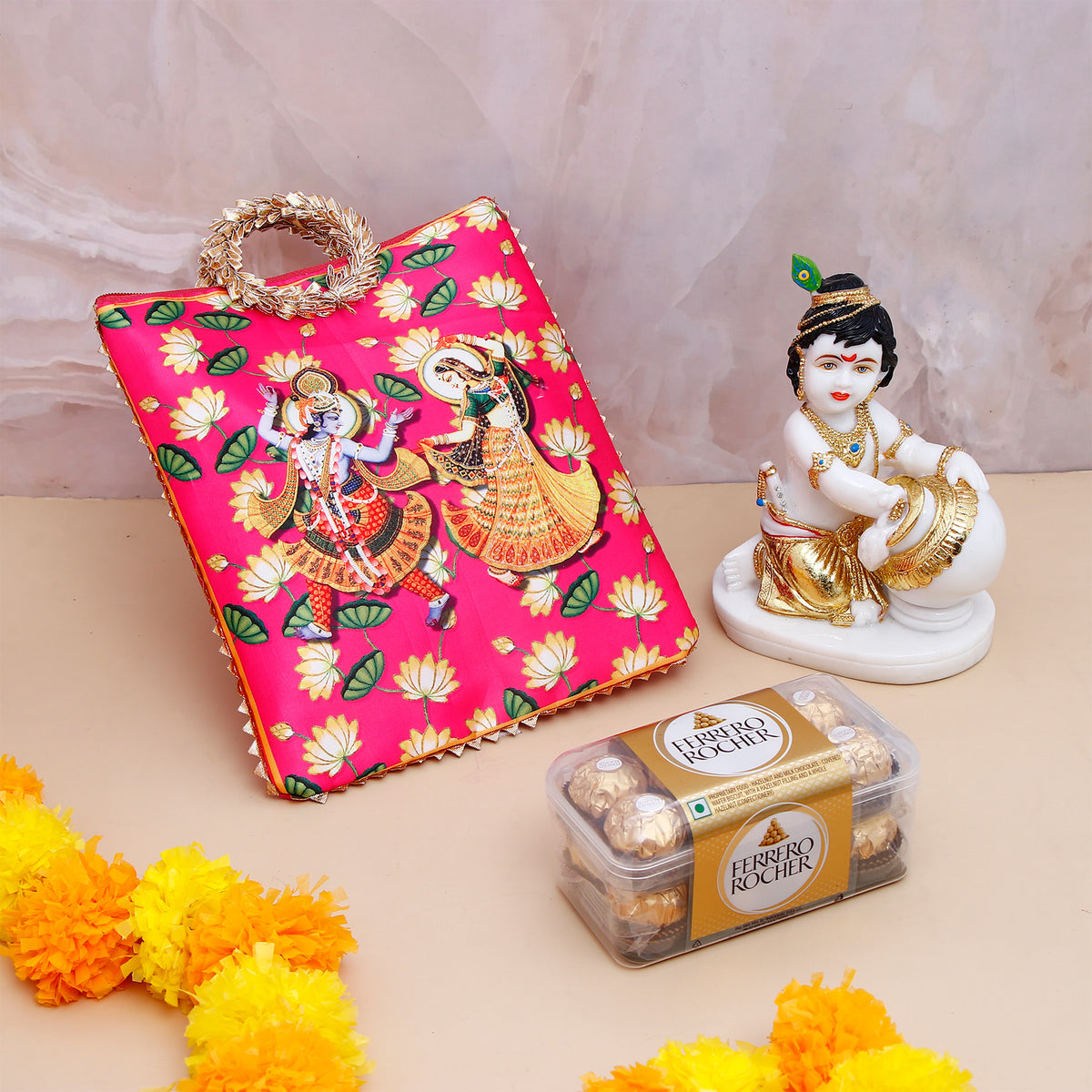 Krishna Makhan Chor Idol with Ethnic Handcrafted Bag with Chocolates