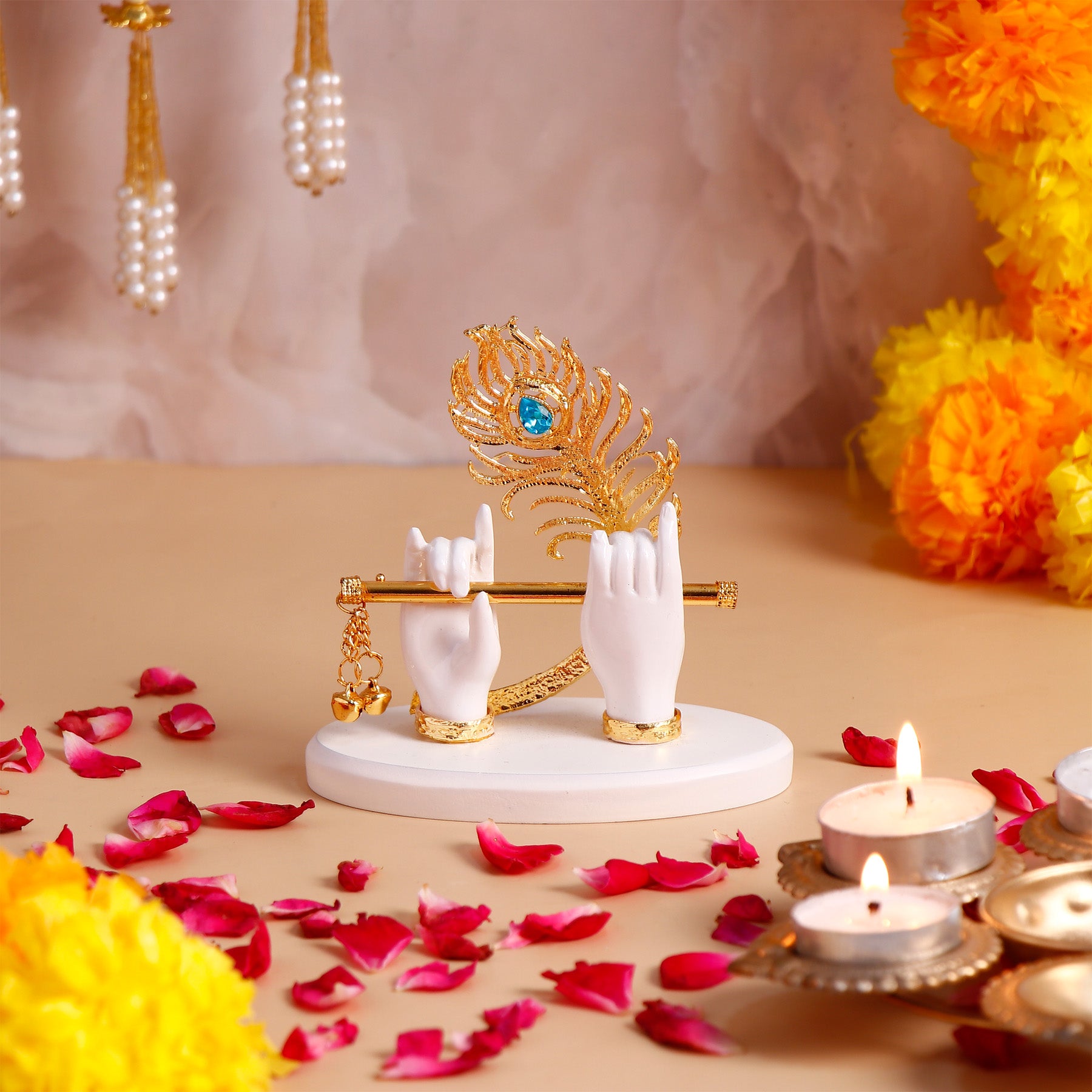 Krishna Divine Hands with Bansuri - White with Ethnic Handcrafted Bag with Chocolates