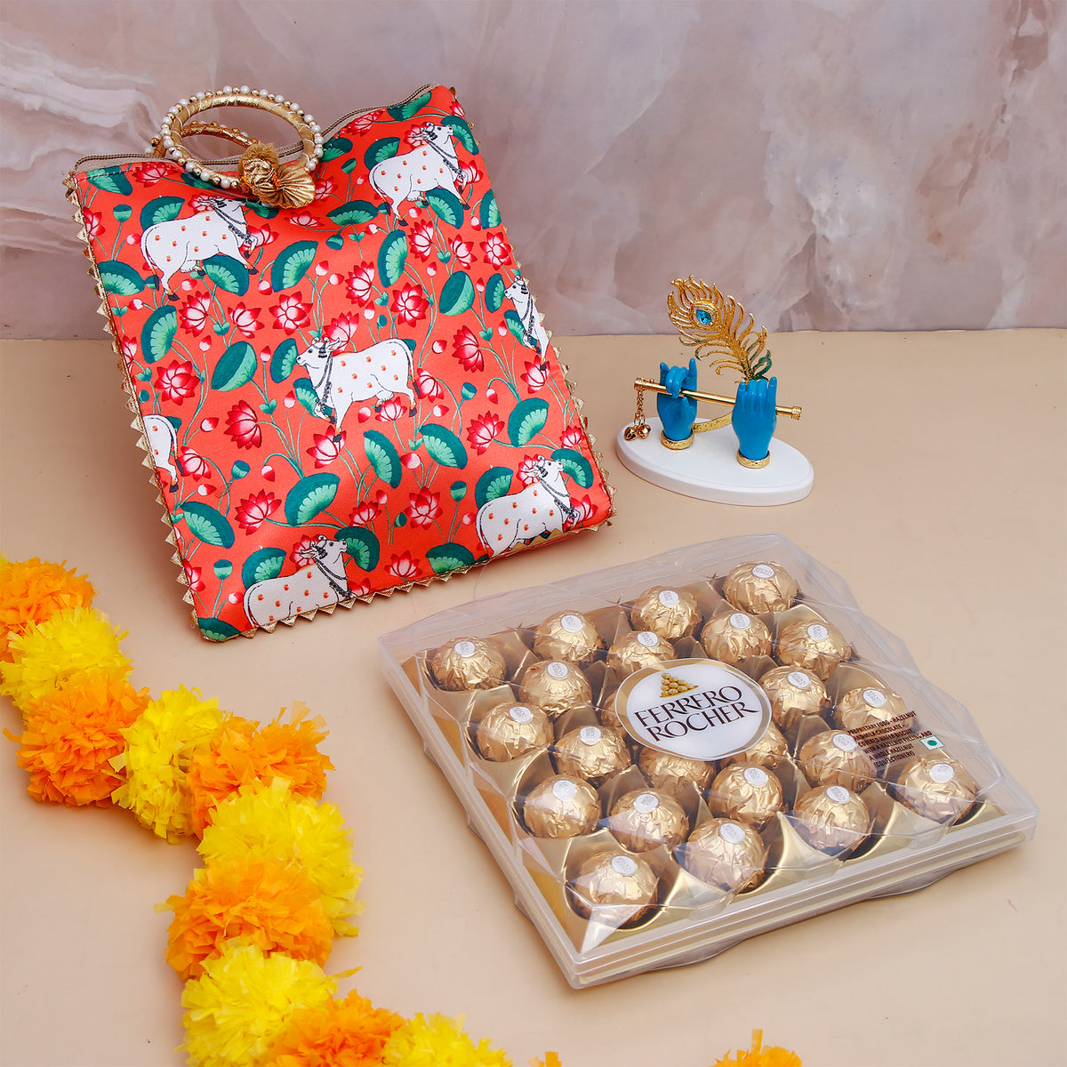 Krishna Divine Hands with Bansuri - Blue with Ethnic Handcrafted Bag with Chocolates
