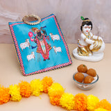 Krishna Makhan Chor Idol with Ethnic Handcrafted Bag with Sweets