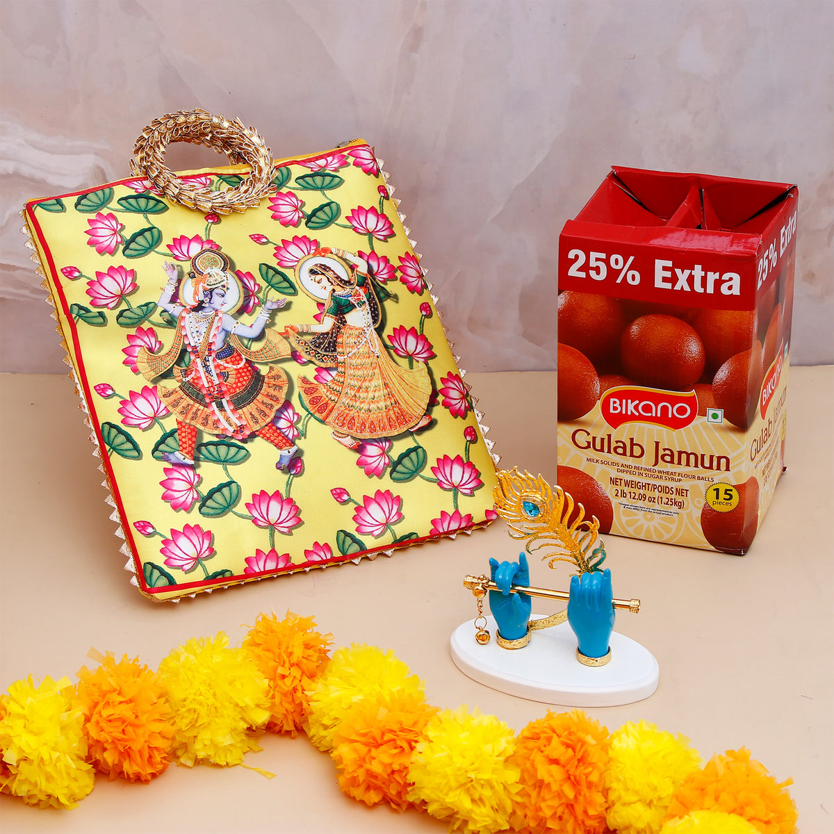 Krishna Divine Hands with Bansuri - Blue with Ethnic Handcrafted Bag with Sweets