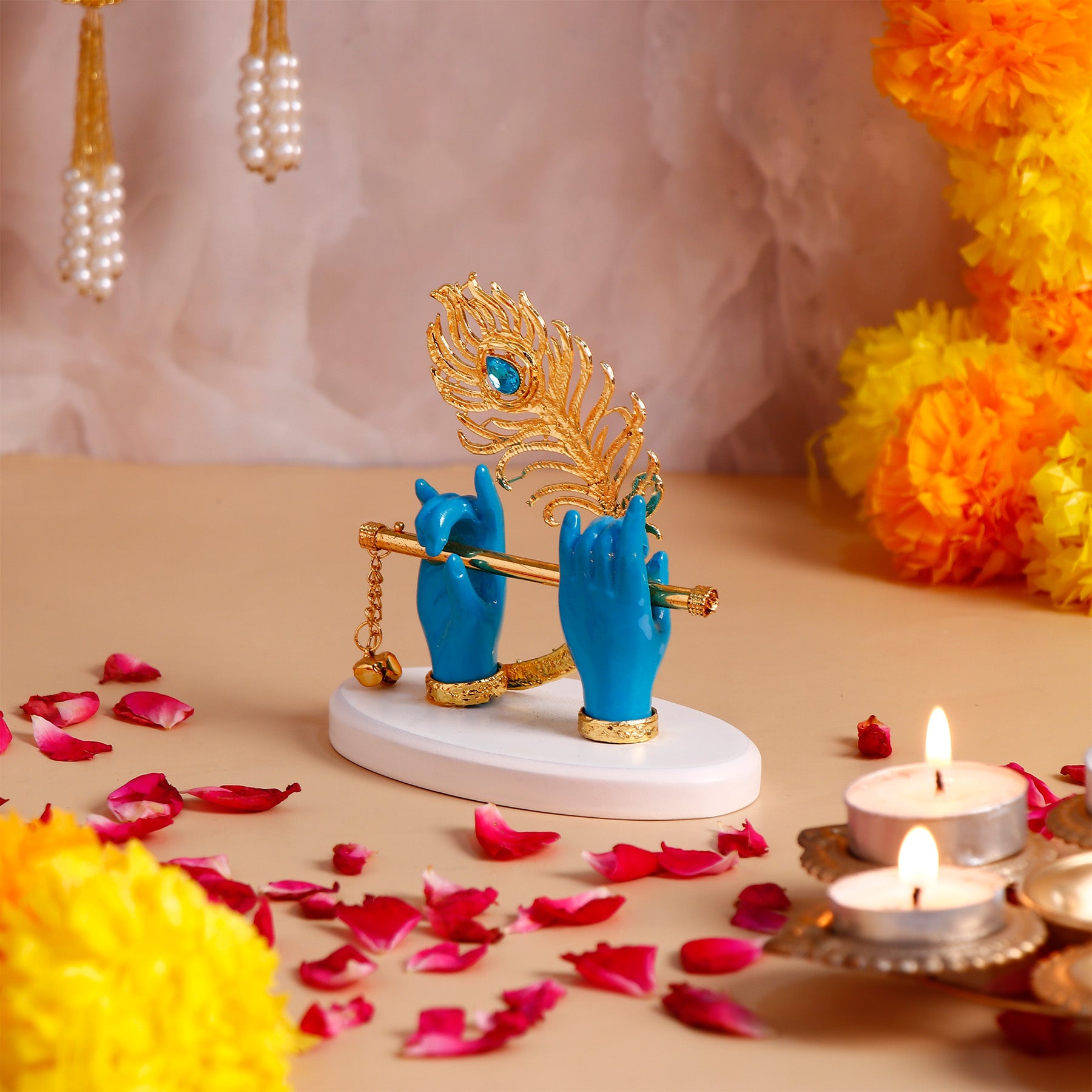 Krishna Divine Hands with Bansuri - Blue with Ethnic Handcrafted Bag