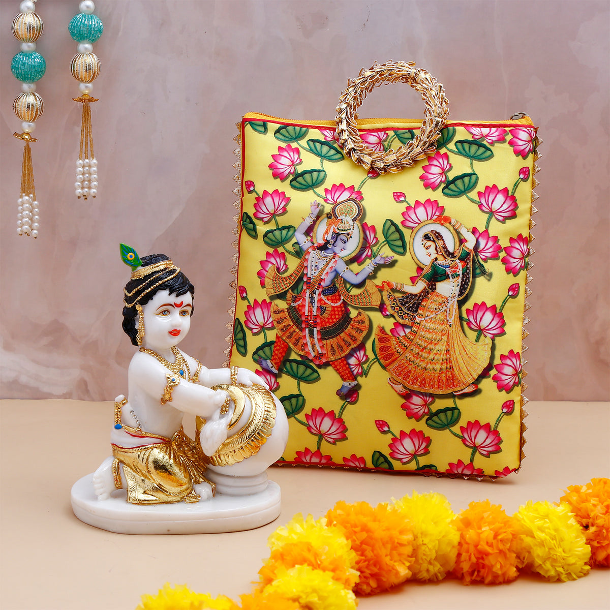 Krishna Makhan Chor Idol with Ethnic Handcrafted Bag