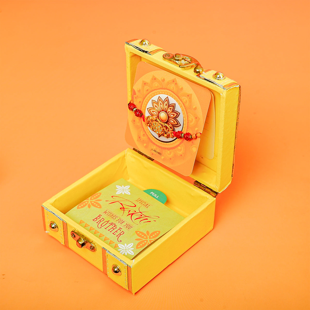Beautiful Golden Rakhi in Trunk Box