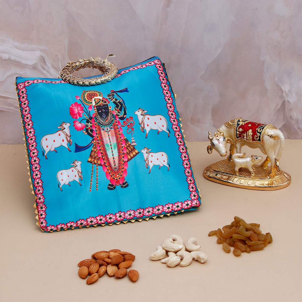 Vastu Kamdhenu Cow with Gold Emblishment with Ethnic Handcrafted Bag with Dry Fruits