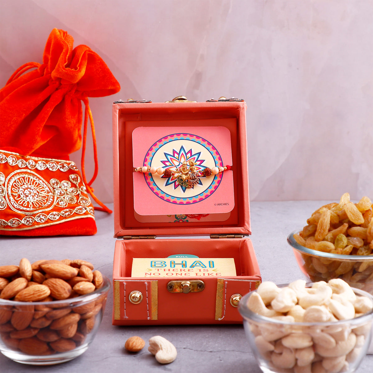 Coral Rakhi Trunk Box with Dry Fruits Gift Set