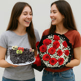 Sweet Blossoms Red roses with Black forest Cake