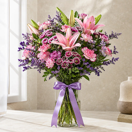 Pink Lily & Carnation Purple Vase Arrangement