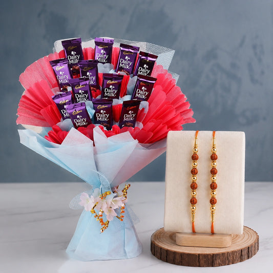 2 Rudraksh With Bouquet Of 10 Dairy Milk Chocolates (13Gms Each)